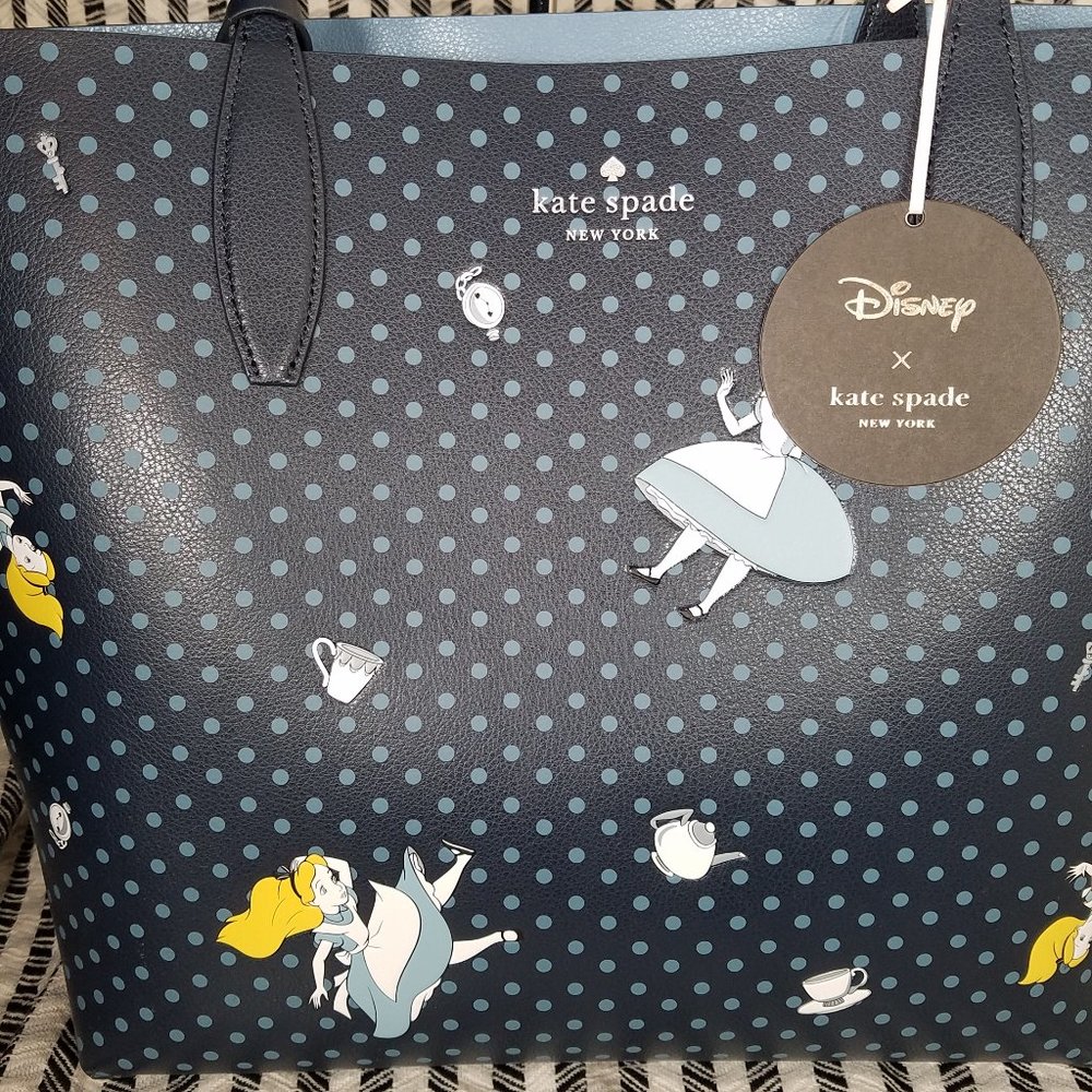 MAKE AN OFFER kate spade alice polka dot white reversible tote blue new with tag - Picture 4 of 7